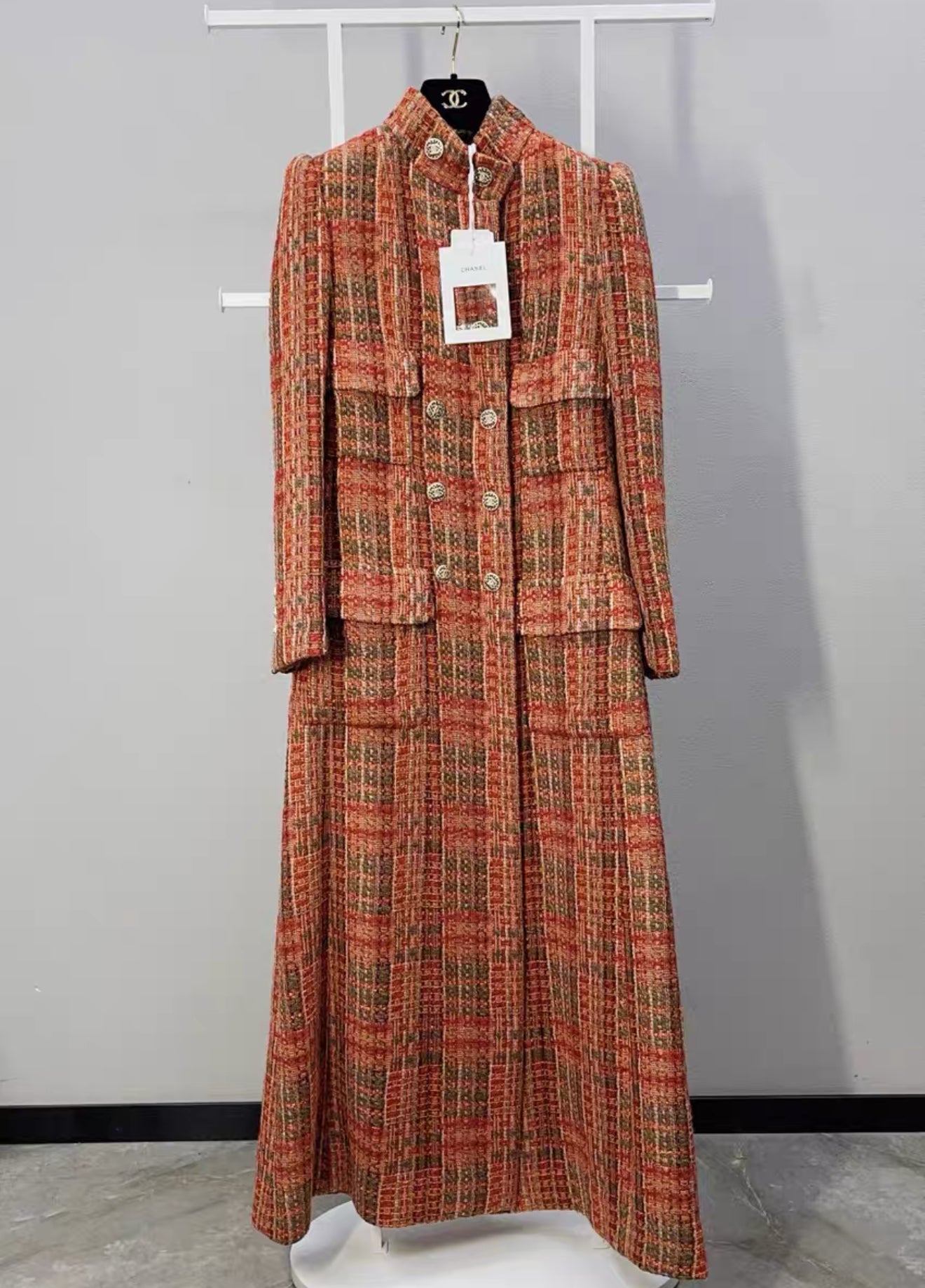 Chanel 21A Red, Orange, Green & Black tweed coat