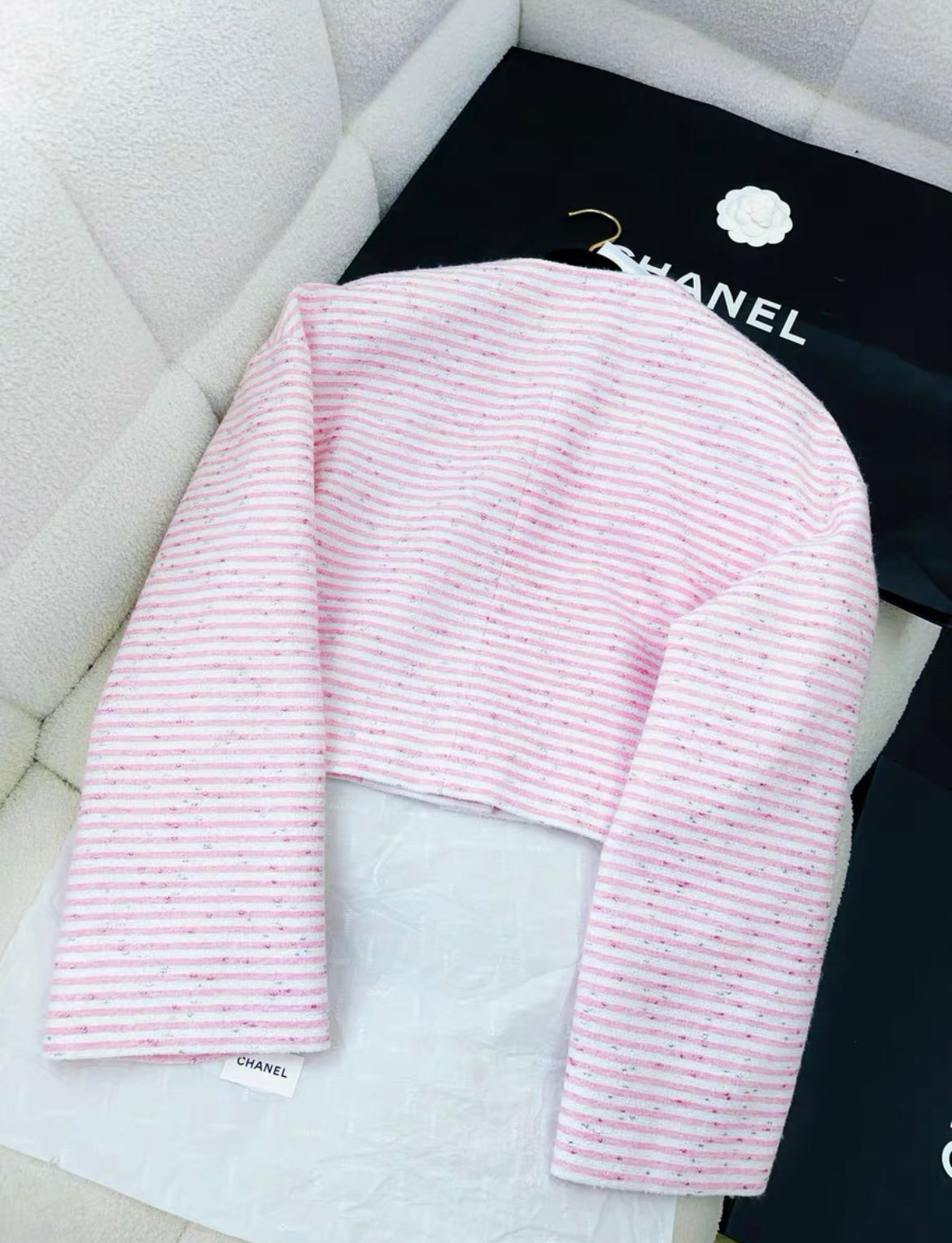 Chanel 24C pink and white striped glitter jacket size 38