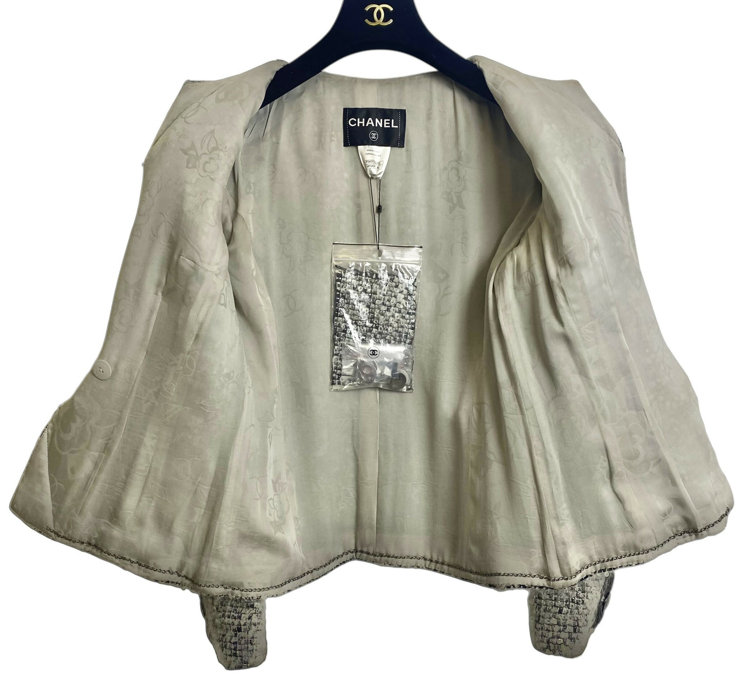 Chanel 10A Shanghai Shearling Tweed CC Grey Black Leather Trim Jacket Coat FR 36