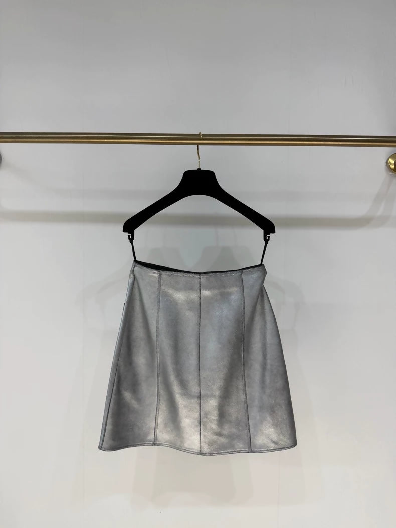 Chanel 24B silver lambskin midi skirt