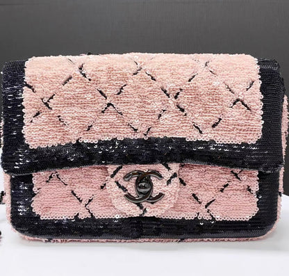 Chanel 24P Small Flap Bag Sequins & Black Metal, Pink & Black