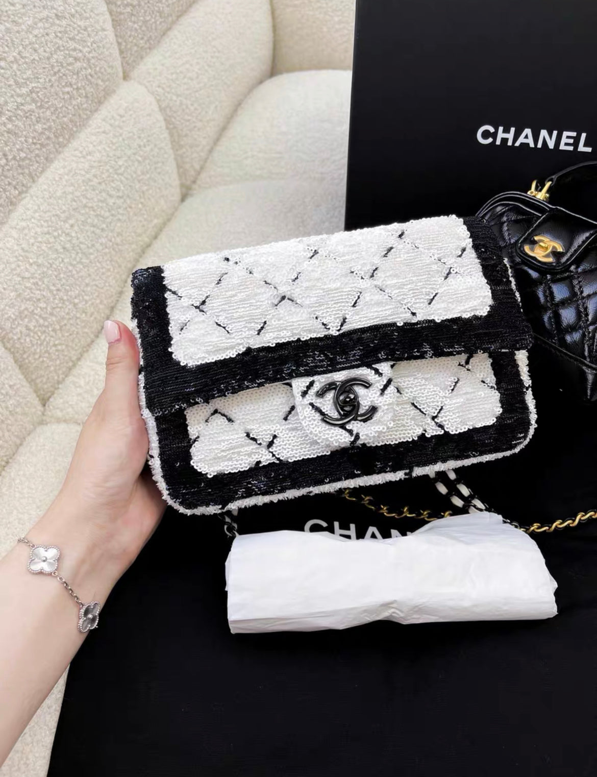 Chanel 24P Large Flap Bag Sequins & Black Metal, White & Black