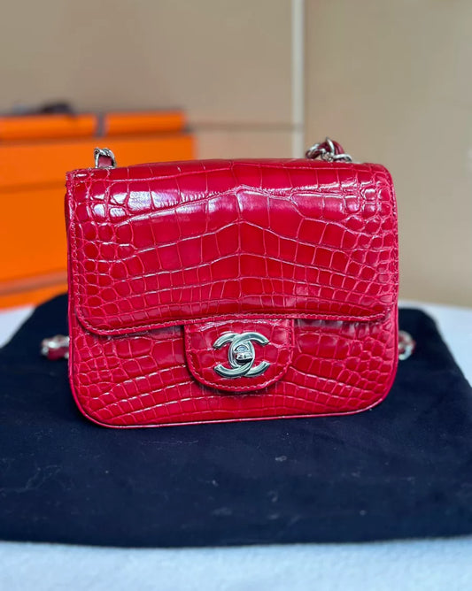 Rare Chanel Red Crocodile Square Flap Bag