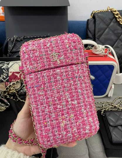 Chanel 2019 Pink Tweed Chain Around Phone Holder Crossbody Bag