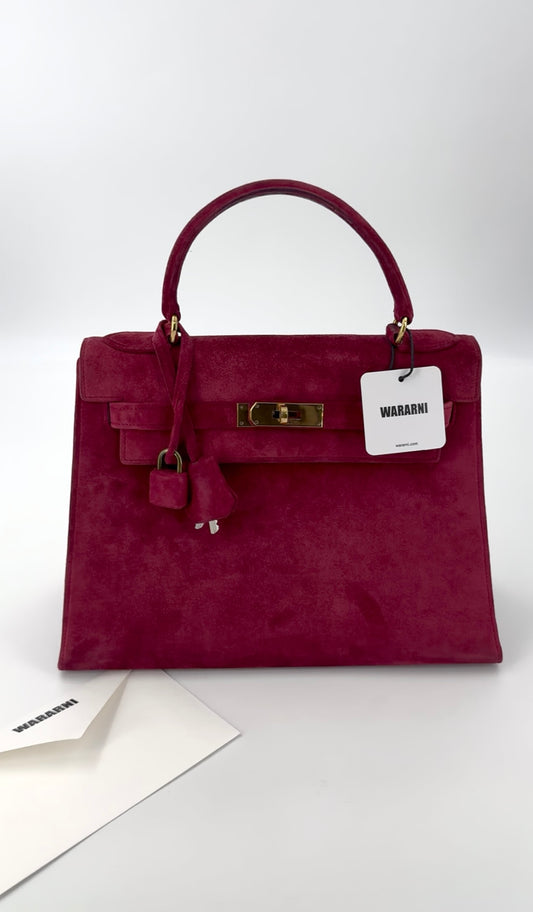 Rare Hermes Kelly 28 Pink Rose Doblis Suede leather gold hardware