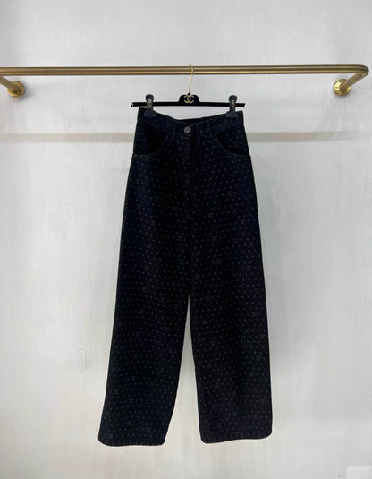 Chanel 23p popular black polka-dot denim wide-leg pants in size 34