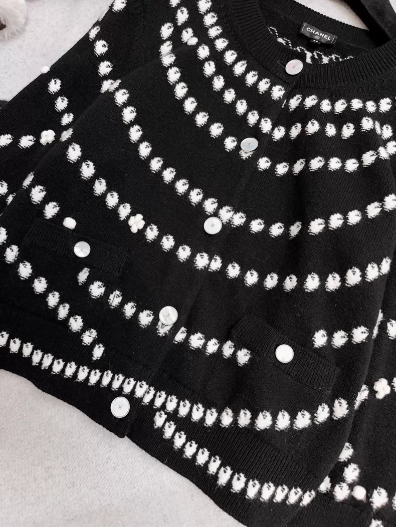 Chanel 25P black and white pearl print cardigan