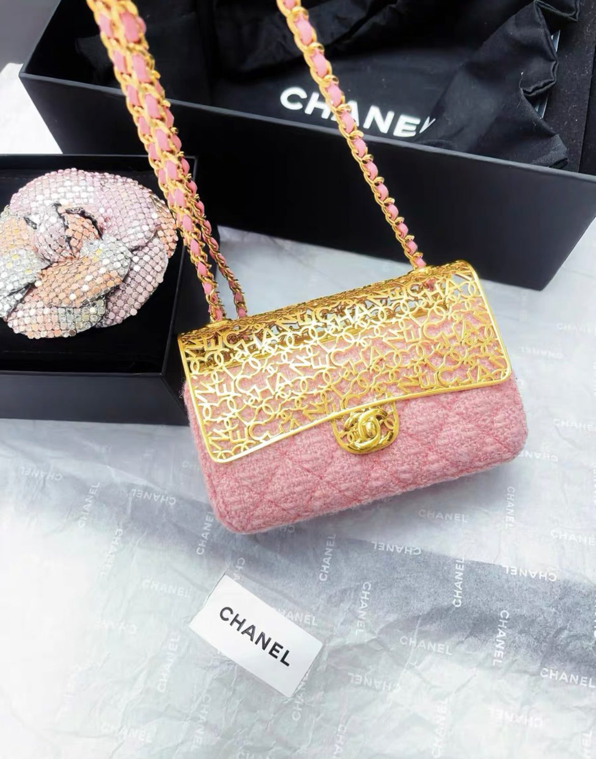 CHANEL 22K Gold Metal Pink Tweed Logo CC Minaudiere Flap Bag