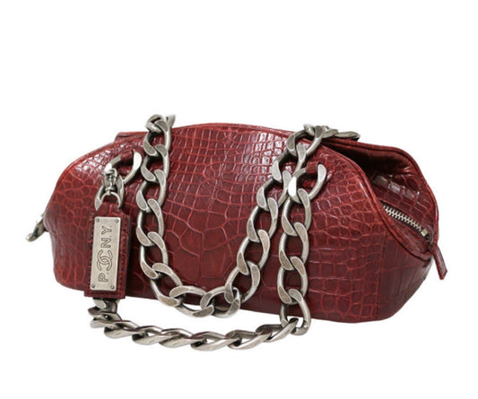 Rare Chanel 19A burgundy crocodile bag with silver hardware shoulder bag