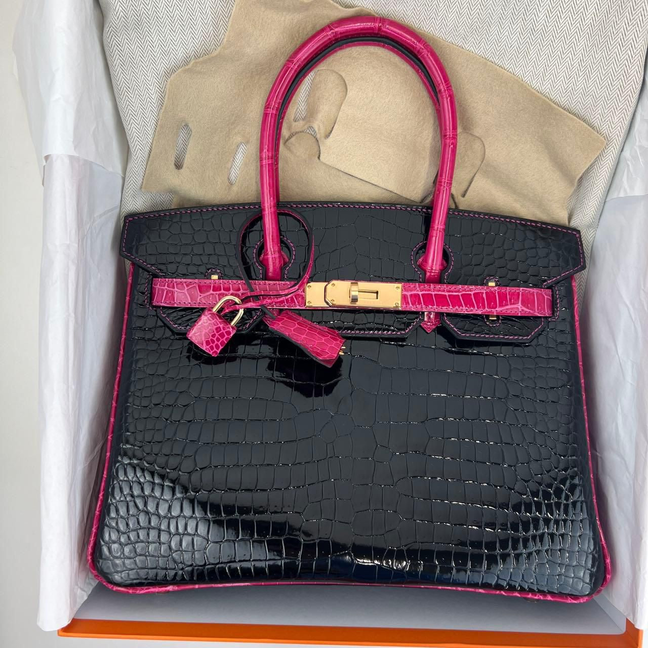 Hermes Birkin 30 HSS Black / Rose Mexico Shiny Porosus Rose gold hardware