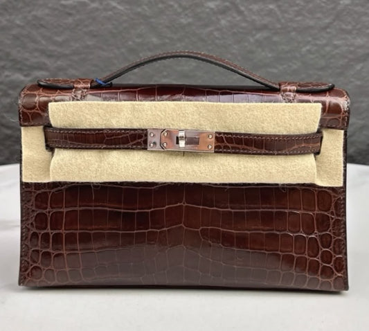 Hermes Kelly Pochette Ebene shiny alligator palladium hardware