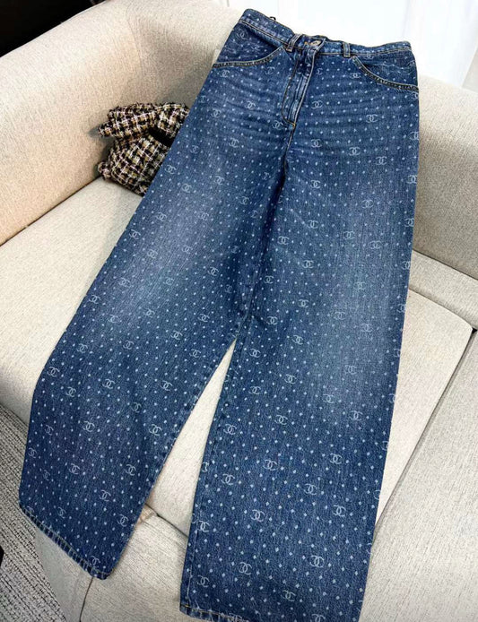 Chanel 23p popular blue polka-dot denim wide-leg pants in size 34