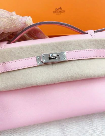 HERMES KELLY POCHETTE ROSE SAKURA SWIFT PALLADIUM HARDWARE