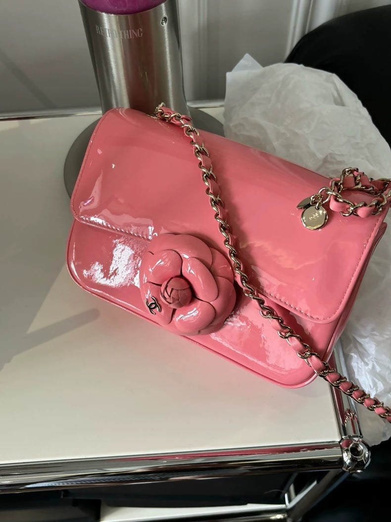 Chanel 23K Pink Camellia patent leather Mini flap bag CF