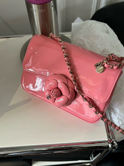 Chanel 23K Pink Camellia patent leather Mini flap bag CF