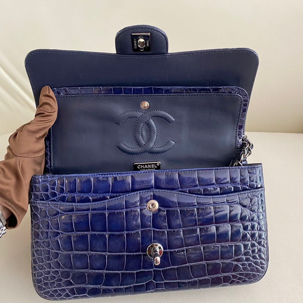 CHANEL SHINY BLUE ALLIGATOR CLASSIC FLAP BAG WITH SILVER HARDWARE