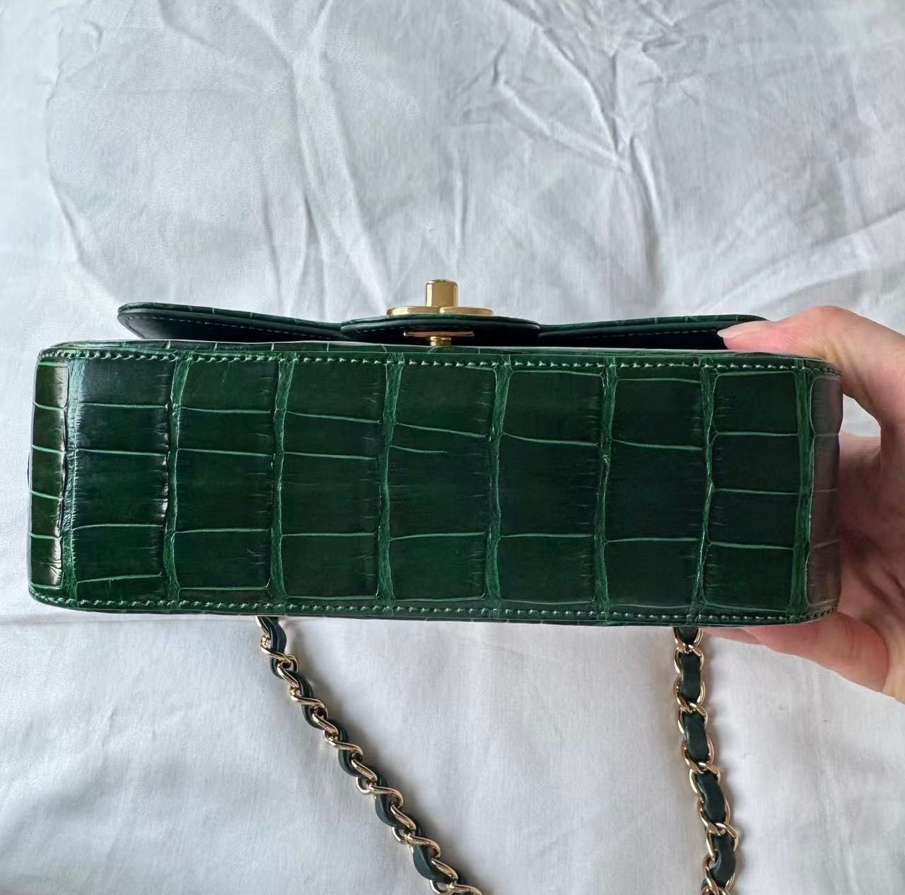 Chanel green alligator leather gold hardware mini flap bag