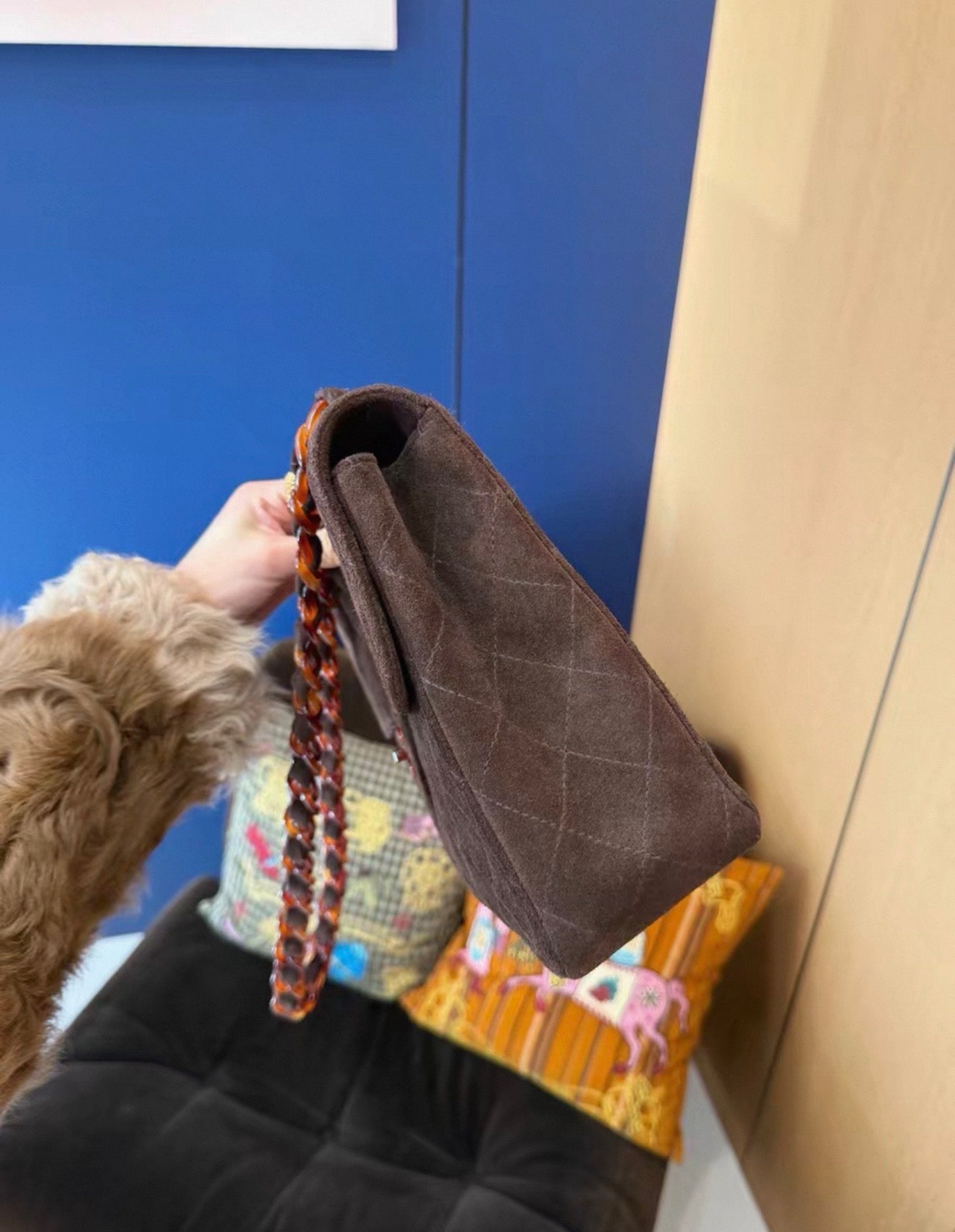 Chanel Maxi Fla Bag in brown suede leather with tortoise hardware