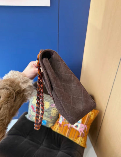 Chanel Maxi Fla Bag in brown suede leather with tortoise hardware