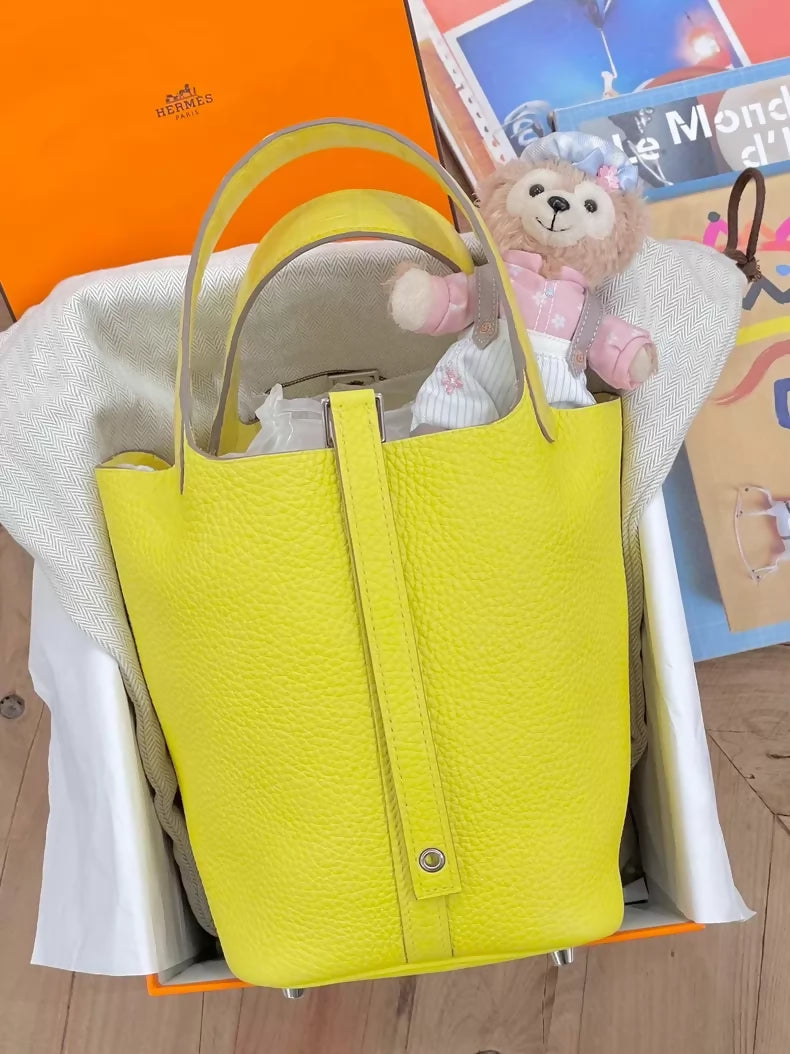 Hermès Picotin 18 Touch yellow leather and matte crocodile leather with palladium hardware