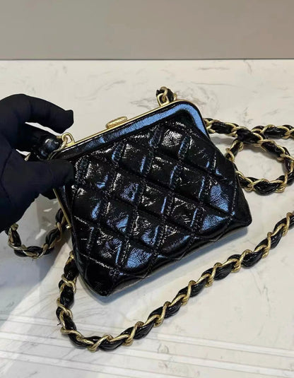 Chanel Mini Clutch with Bow Crossbody Bag Black Shiny Lambskin and Pink Patent Crumpled Lambskin Antique Gold Hardware