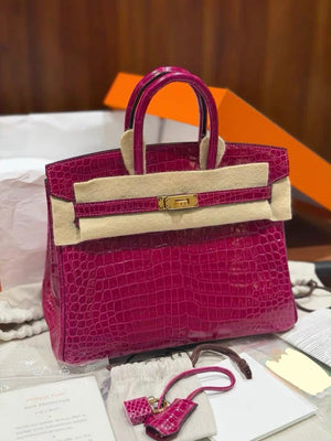 Hermes Birkin 25 Rose Pourpre L3 Shiny Porosus crocodile leather gold hardware