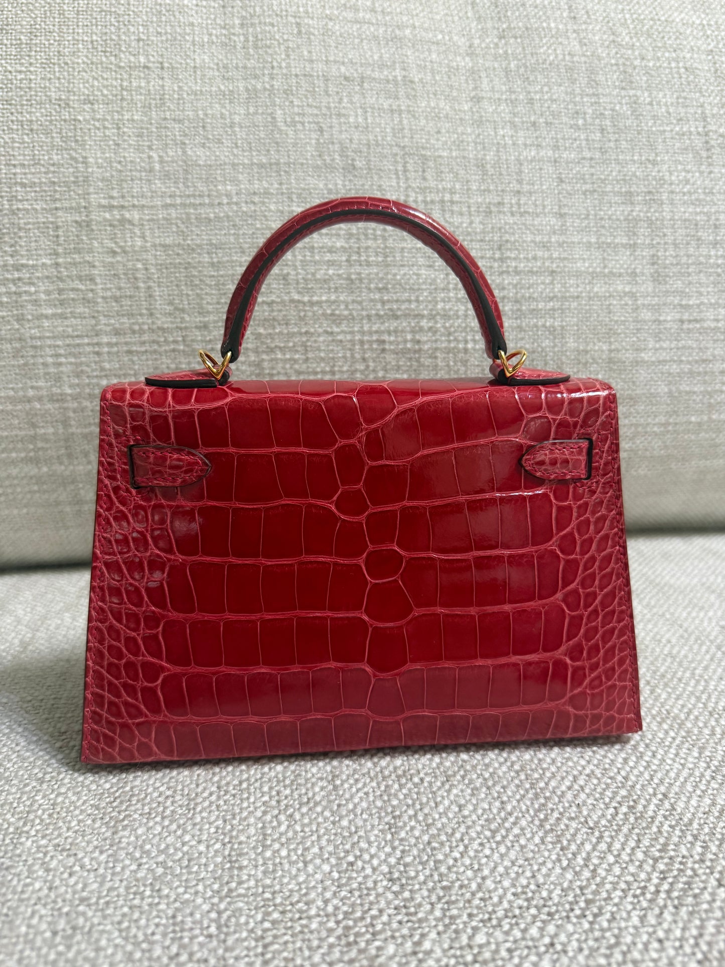 Hermes Mini Kelly 20 Sellier Braise Shiny Alligator Leather Gold Hardware
