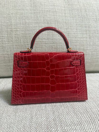 Hermes Mini Kelly 20 Sellier Braise Shiny Alligator Leather Gold Hardware