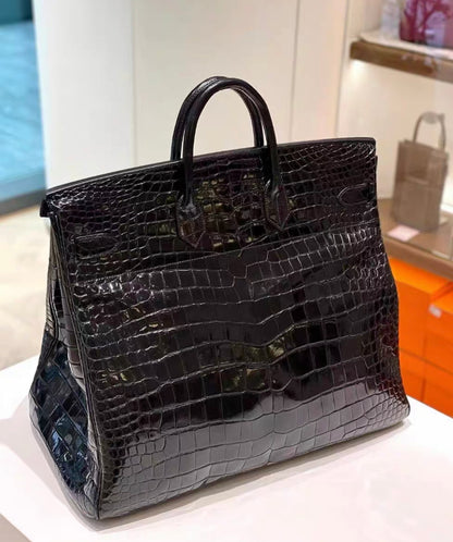 HERMÈS HAC 50 BLACK SHINY POROSUS CROCODILE PALLADIUM HARDWARE