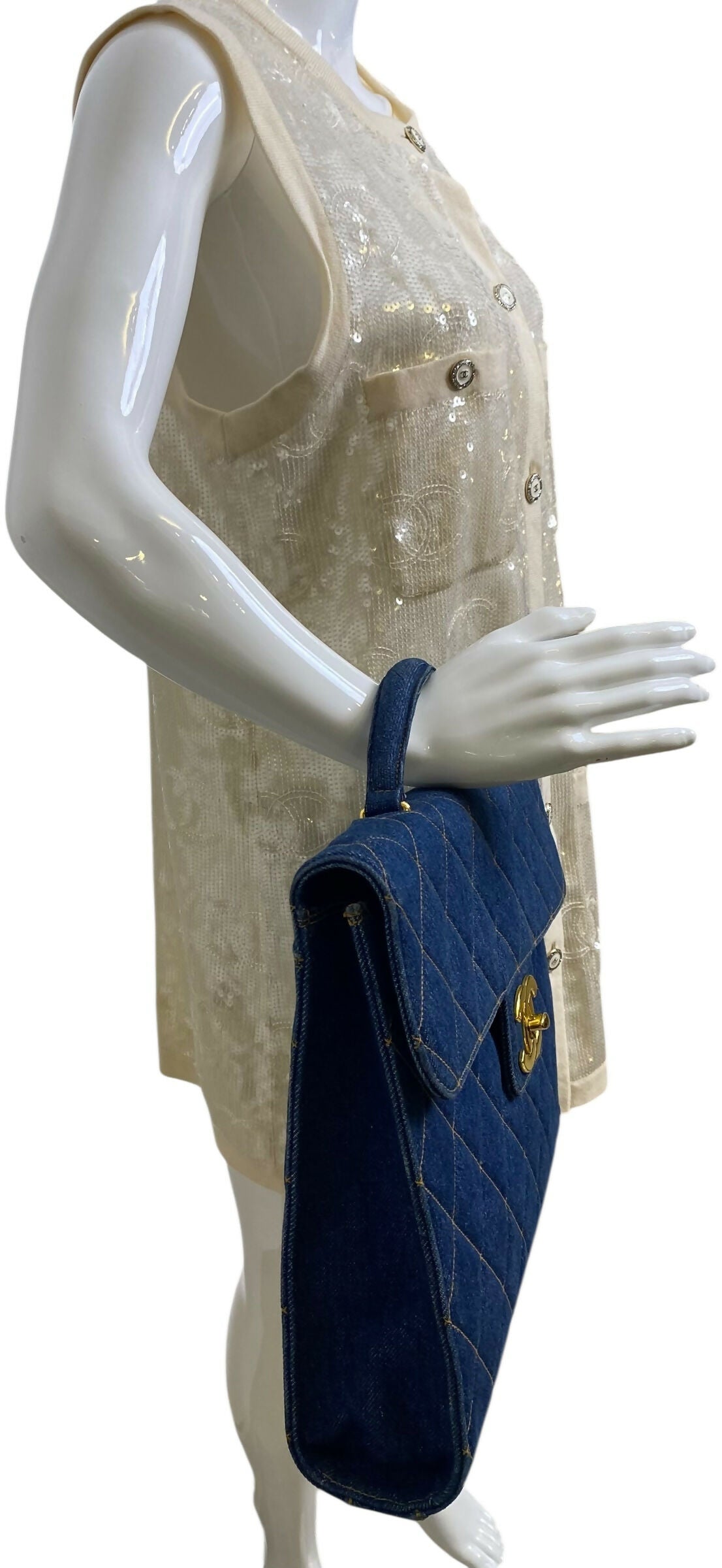 Chanel Vintage 1996 XL Blue Denim Quilted Jumbo Top Handle Briefcase Handbag