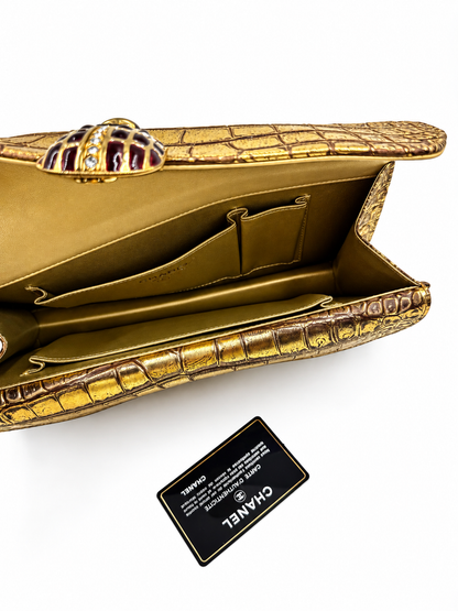 Chanel 19A Gold Crocodile Embossed Paris-New York Coco Scarab Ancient Egyptian Clutch Gold Hardware