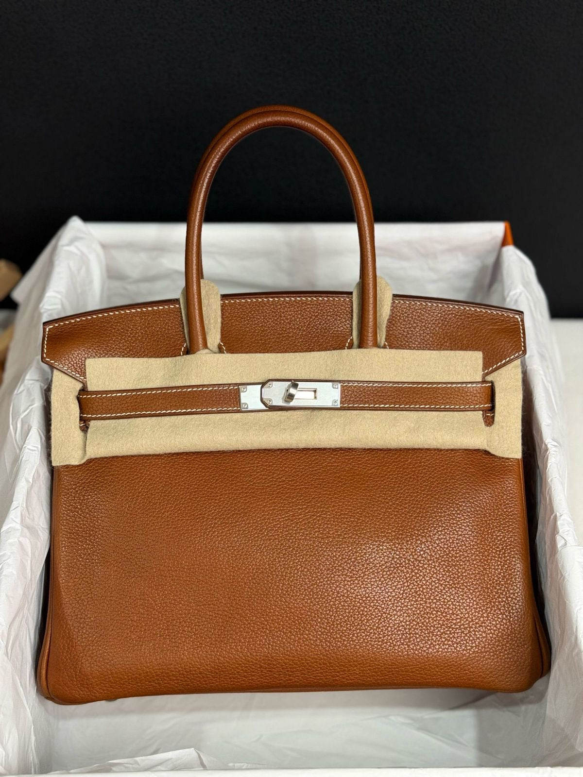 Hermes Birkin 30 Fauve Barenia Faubourg leather Palladium hardware