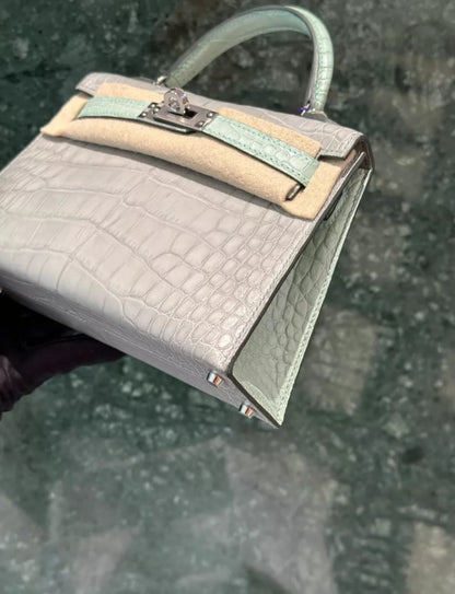 HERMÈS MINI KELLY 20 HSS GRIS PERLE AND VERT D'EAU MATTE ALLIGATOR PALLADIUM HARDWARE