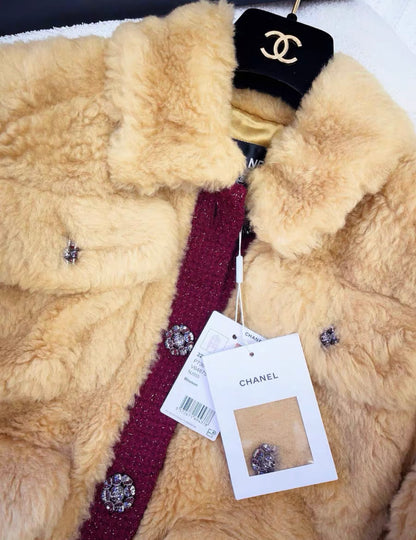 Chanel 22K silk fur jacket in beige and burgundy size 38