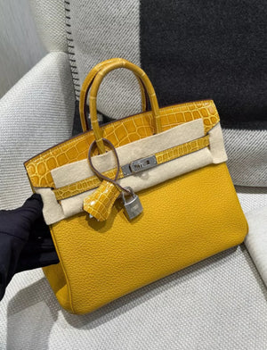 Hermès Birkin 25 Touch Jaune Amber Togo Leather & Shiny Niloticus Crocodile