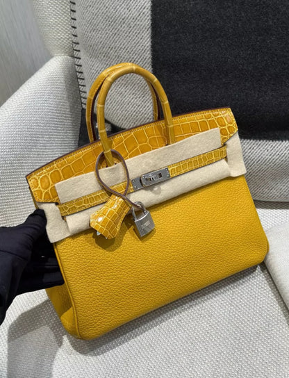 Hermès Birkin 25 Touch Jaune Amber Togo Leather & Shiny Niloticus Crocodile