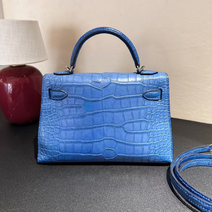 Hermes Mini Kelly 20 Blue Mykonos Matte alligator palladium hardware