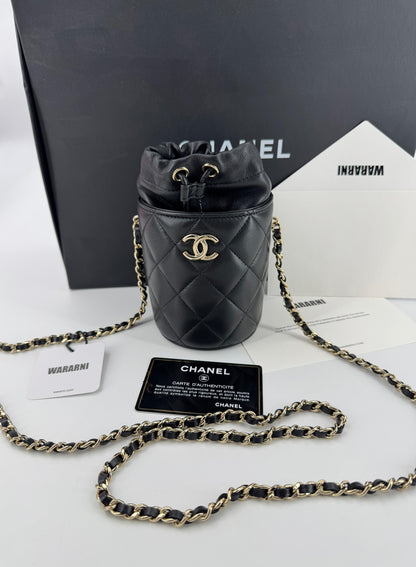 Chanel Black leather mini bucket bag silver hardware