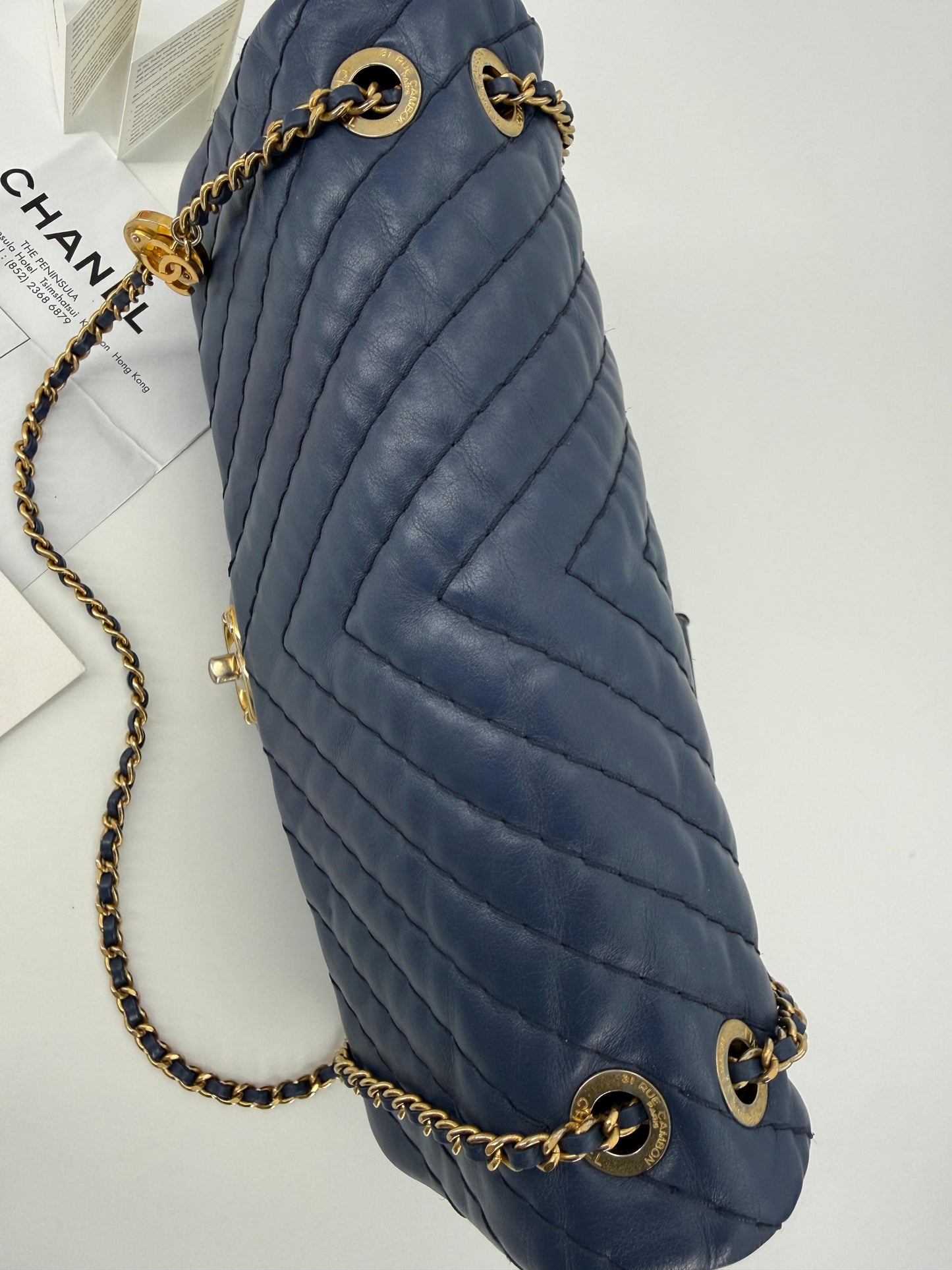 Chanel blue leather flap bag gold hardware