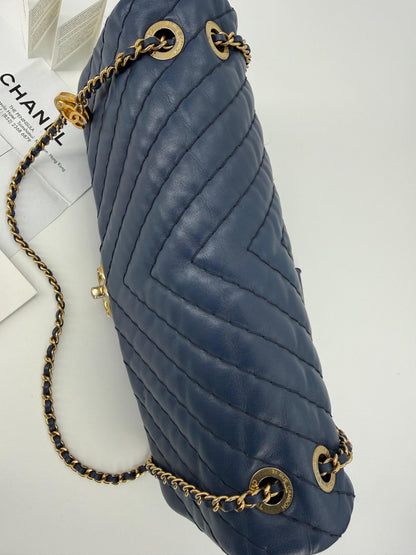 Chanel blue leather flap bag gold hardware