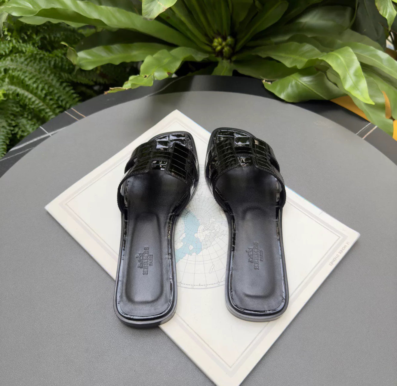 Hermes Sandals Black shiny crocodile leather