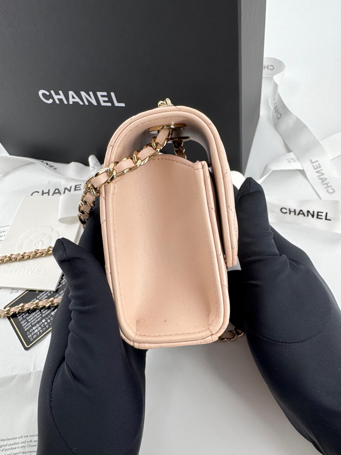 Chanel peach quilted leather coin purse with gold chain strap