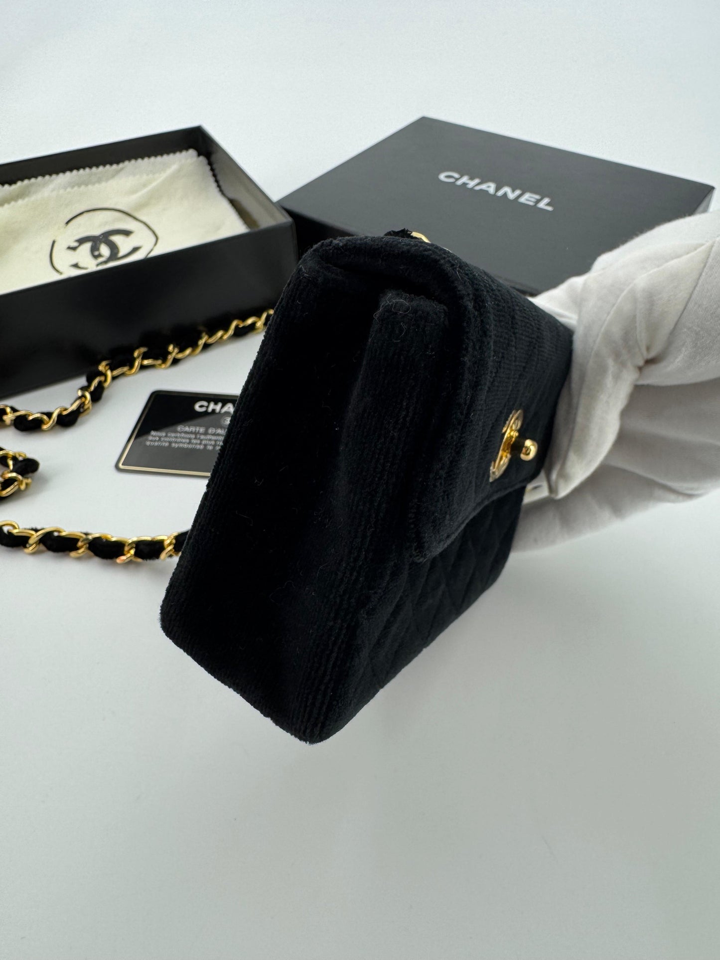 Chanel vintage Black velvet mini square flap bag with gold hardware