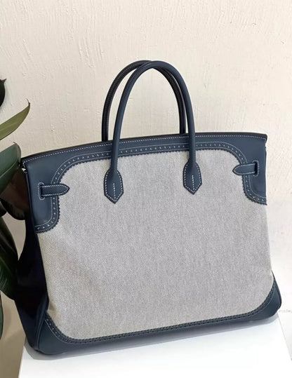 Hermes Birkin 40 Ghillies Bag Blue de Prusse Blue Toile with Palladium Hardware LIMITED EDITION