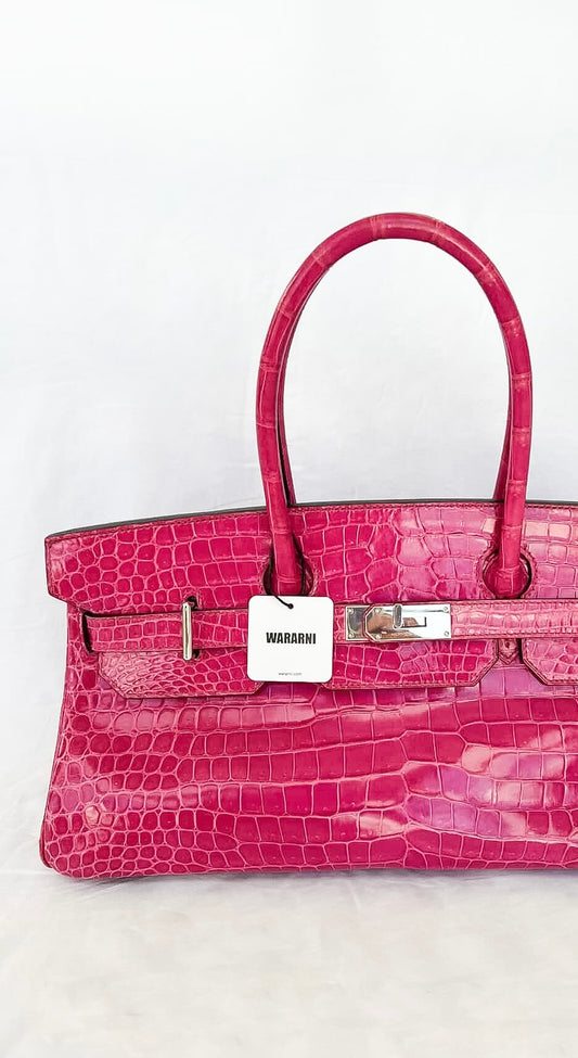 Hermes Birkin shoulder Pink shiny crocodile leather palladium harwdare