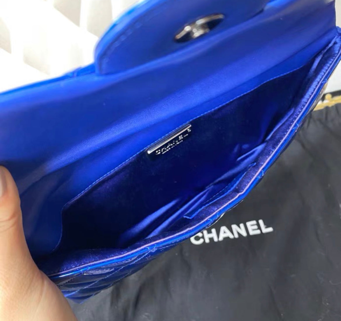 Chanel Classic Flap Patent Blue Frame Clutch