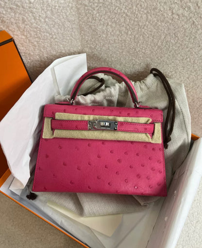 Hermes Mini Kelly Rose Tyrien Ostrich Palladium Hardware