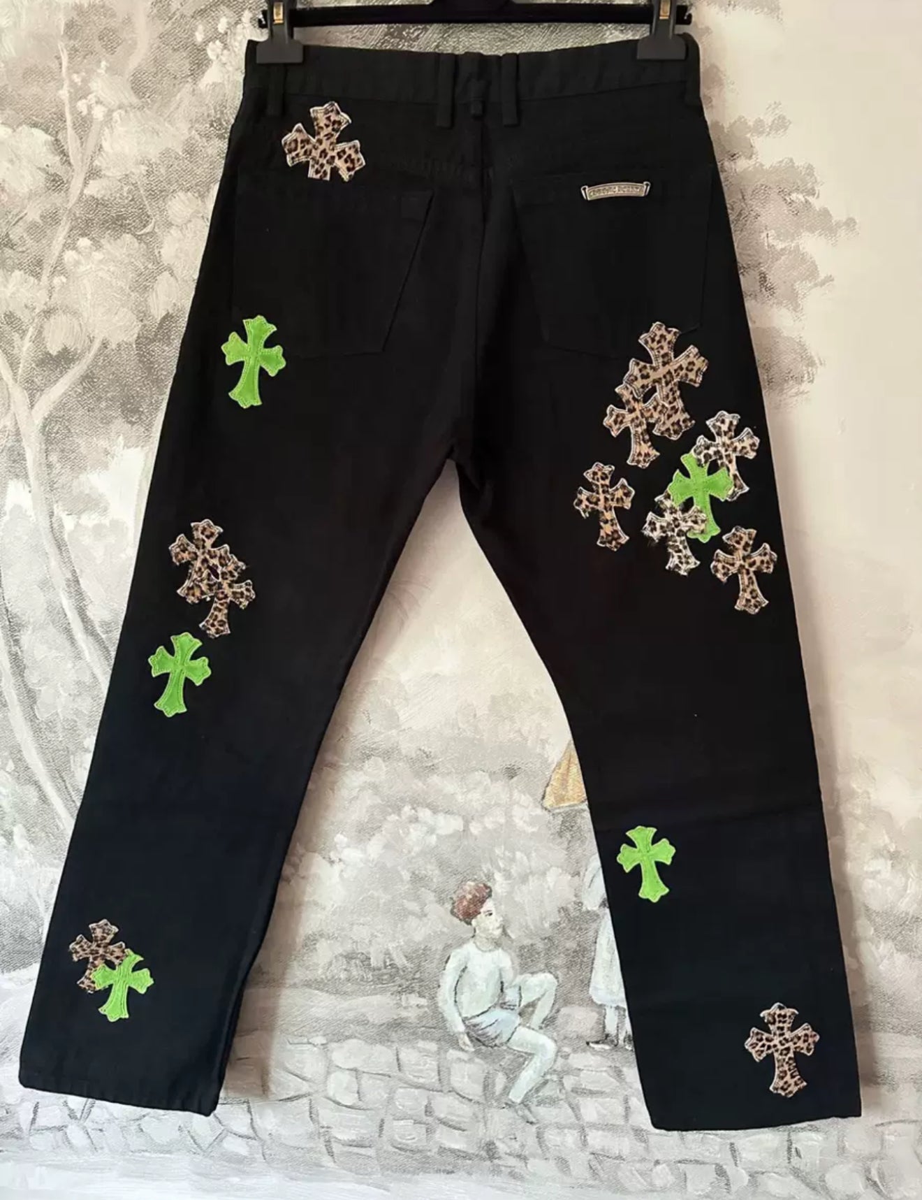 CHROME HEARTS LIME LEOPARD CROSS PATCH BLACK SLIM-FIT JEANS
