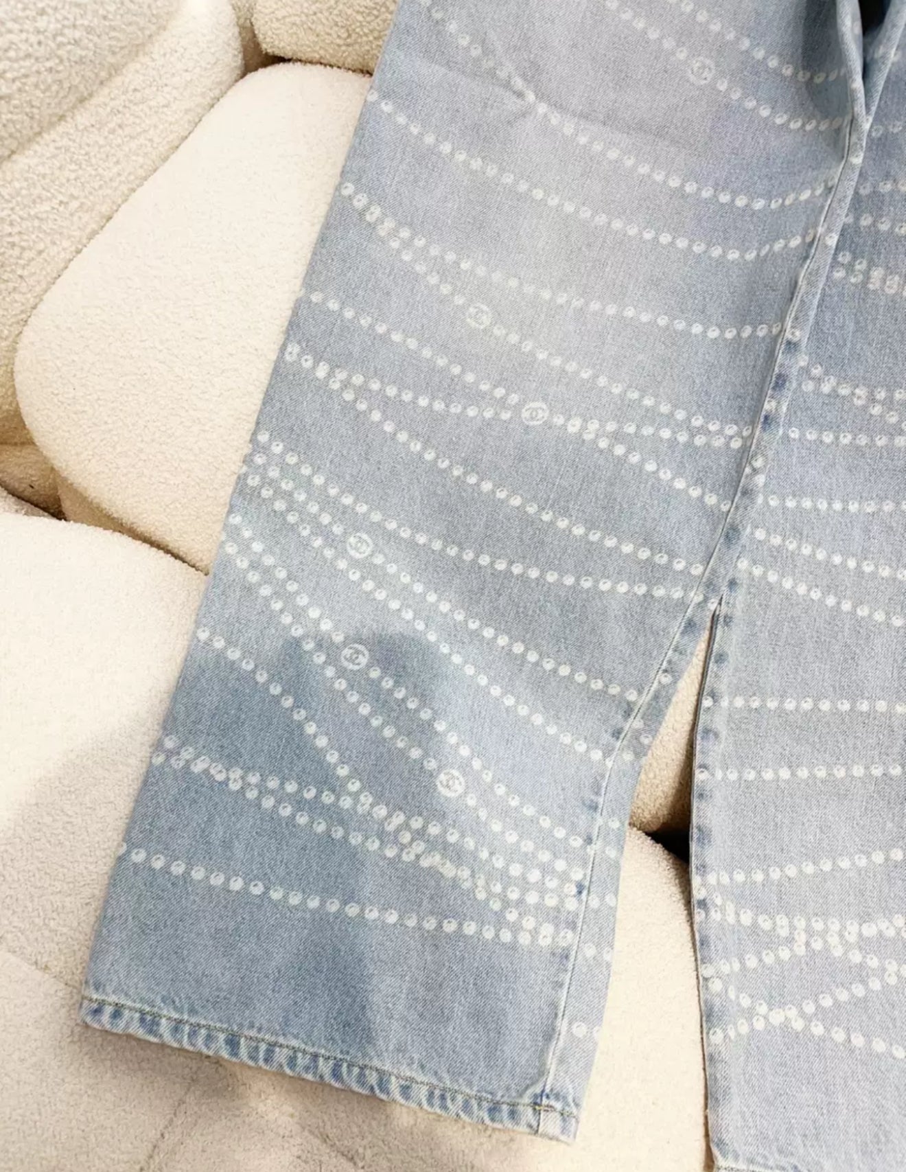 Chanel 25P Light Blue Denim Pearl Print CC Logo Baggy Jeans