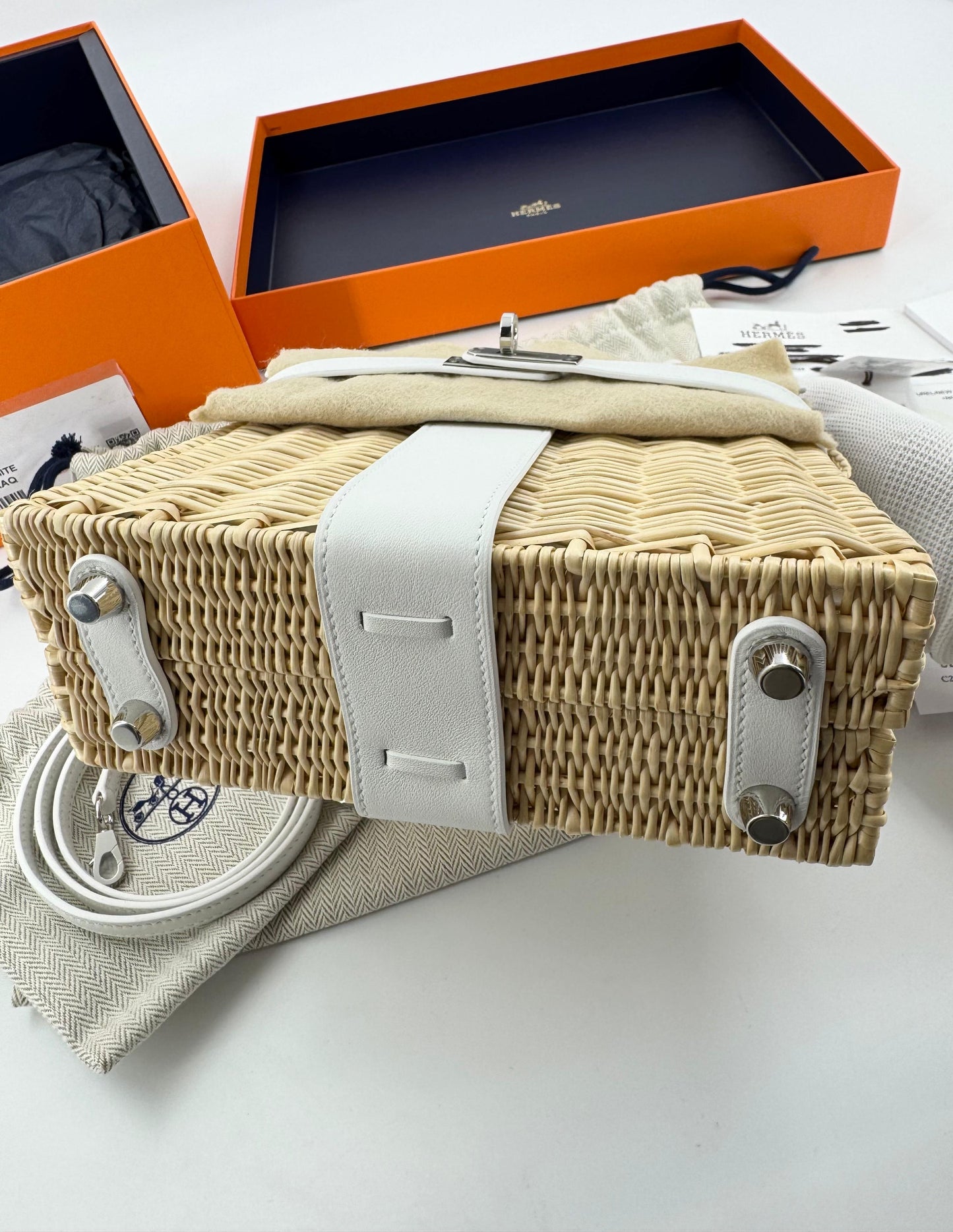 Hermès Mini Kelly 20 “Picnic” White Swift Leather & Palladium Hardware